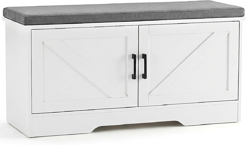 NEWBULIG Shoe Bench with Storage for Entryway, 39.4" Shoe Storage Bench | Modern Farmhouse 2-Doors Hidden Shoe Organizer Bench with Padded Cushion Seat & Adjustable Shelves for Mudroom Bedroom White