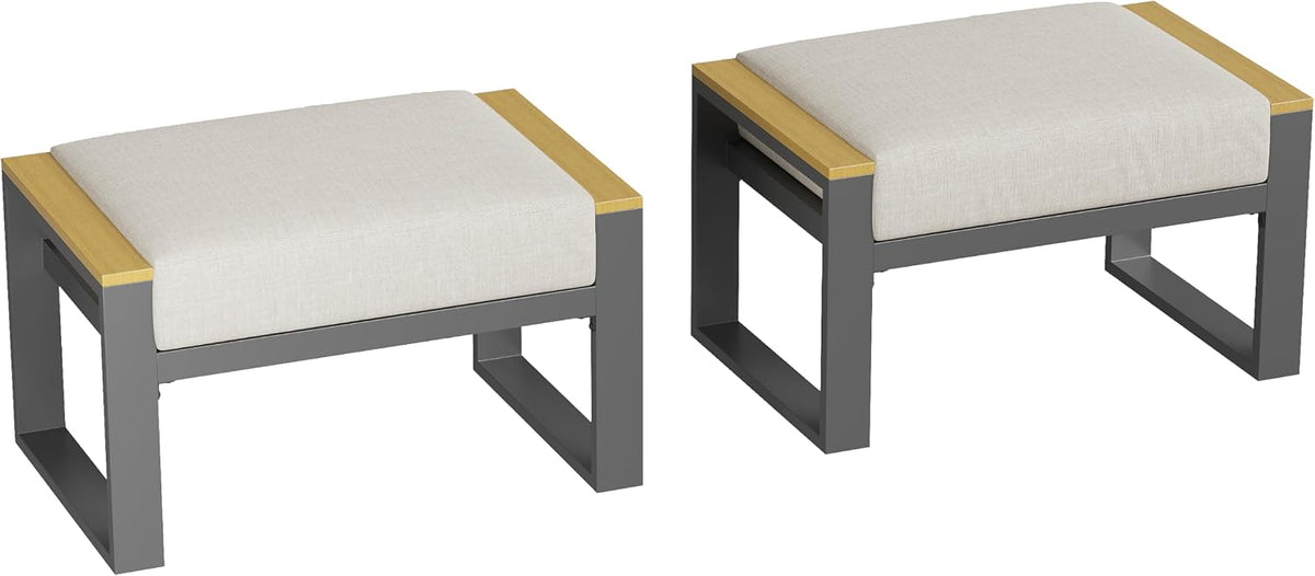 IDEALHOUSE Outdoor 2 Pieces Aluminum Patio Ottoman, Outdoor Footstool with Seat Cushions, Small Metal Outdoor Chairs for Balcony, Garden, Deck, Backyard,Beige