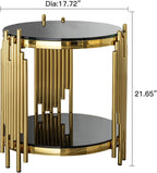 17.72" Round Sofa Side Table, 2-Tier Black Tempered Glass End Table with Gold Stainless Steel Frame for Living Room, Office & Café