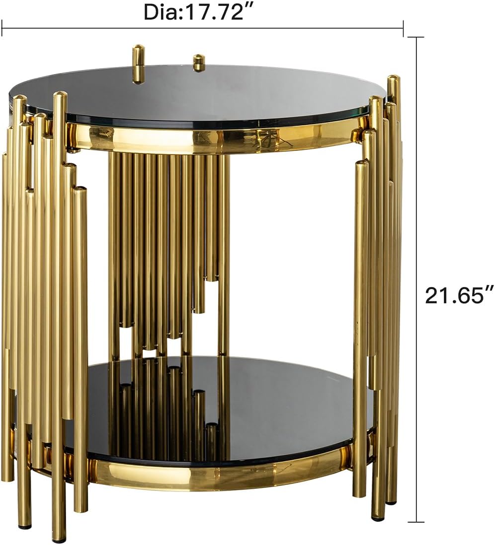 Set of 2 Modern Luxury 2-Tier Round End Tables, Black Tempered Glass Tops, Gold Stainless Steel Frames, Small Elegant Side Tables for Living Room, Bedroom, Office, or Café