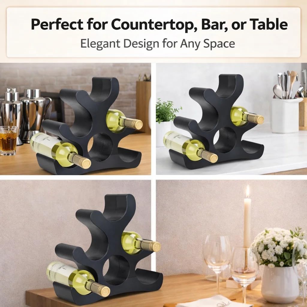 Wooden Wine Rack – Countertop & Freestanding Display – Holds 6 Bottles, Wall-Mountable, Elegant Curved Wine Storage (Brown)