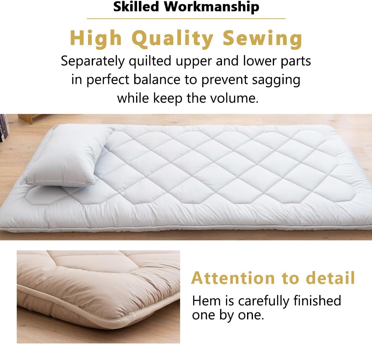 EMOOR Japanese Floor Futon Mattress Anti-Sag Twin-XL Made in Japan 100% Cotton Chip Foam Gray, Shikibuton Foldable Sleeping Bed Tatami Mat