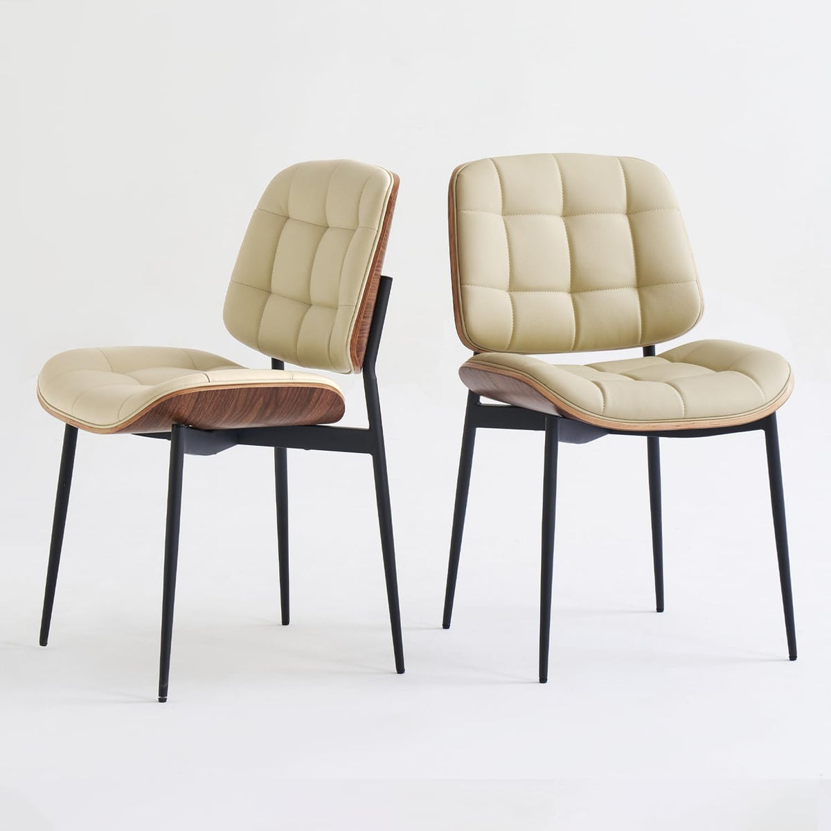 GrandNoor Mid Century Modern Dining Chairs with Walnut Grain Back, Beige Faux Leather Dining Room Chairs Set of 4, Checkered Soft Cushion Kitchen Chairs with Adjustable Foot Pads