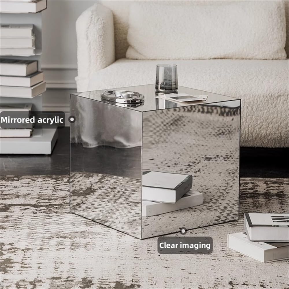Mirrored Acrylic Cube End Table, Modern Square Side Table, Light Small Accent Night Stand for Living Room, End Table for Home Decor, Photography Props and Art Display(Silver,30cm/11.8in)