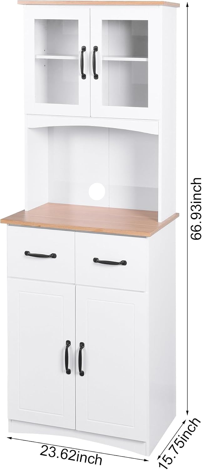 66.9'' Kitchen Pantry Cabinet, White Pantry Storage Microwave Cabinet with Glass Doors, Adjustable Shelves, Drawer, Freestanding Larder Cupboard for Kitchen, Dining Room