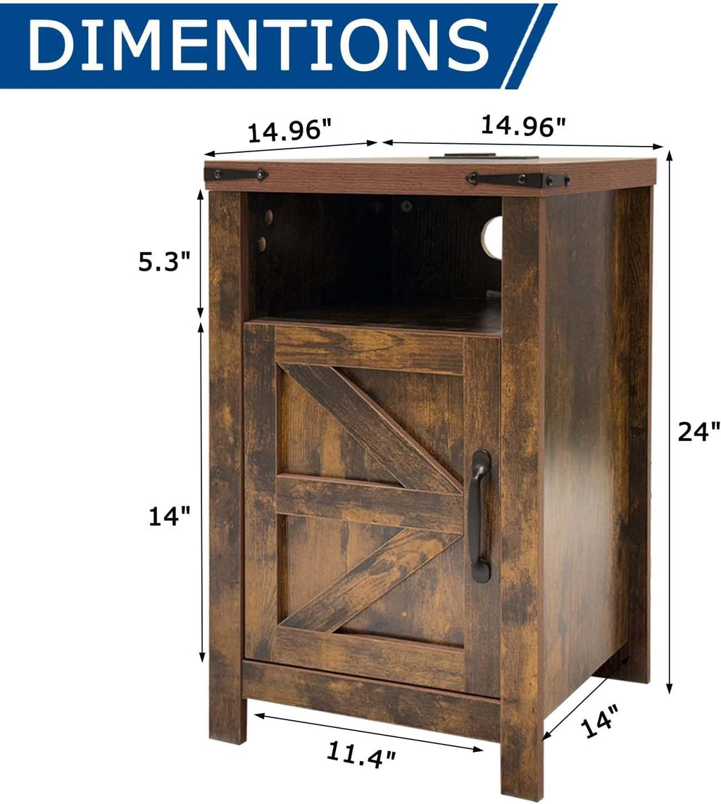 Brown Farmhouse Nightstand Set of 2, End Tables Set with Charging Station, Night Stand with Door and Storage Shelf, Sofa Side Table Living Room, Bedside Table for Bedroom