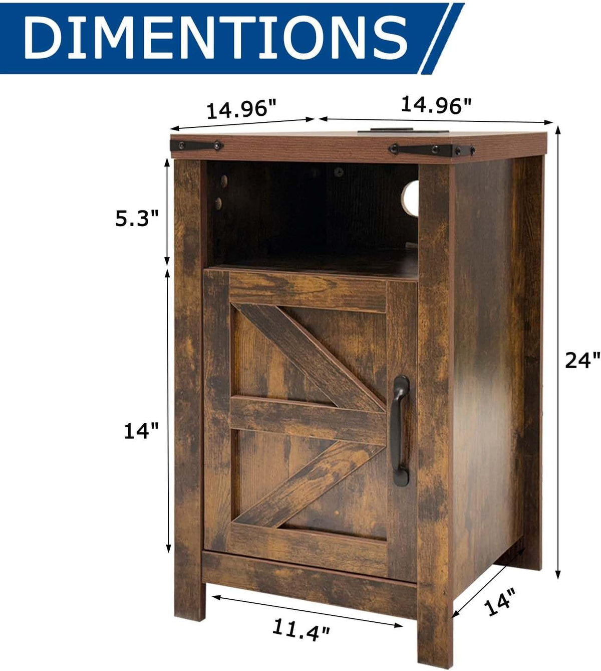 Brown Farmhouse Nightstand Set of 2, End Tables Set with Charging Station, Night Stand with Door and Storage Shelf, Sofa Side Table Living Room, Bedside Table for Bedroom
