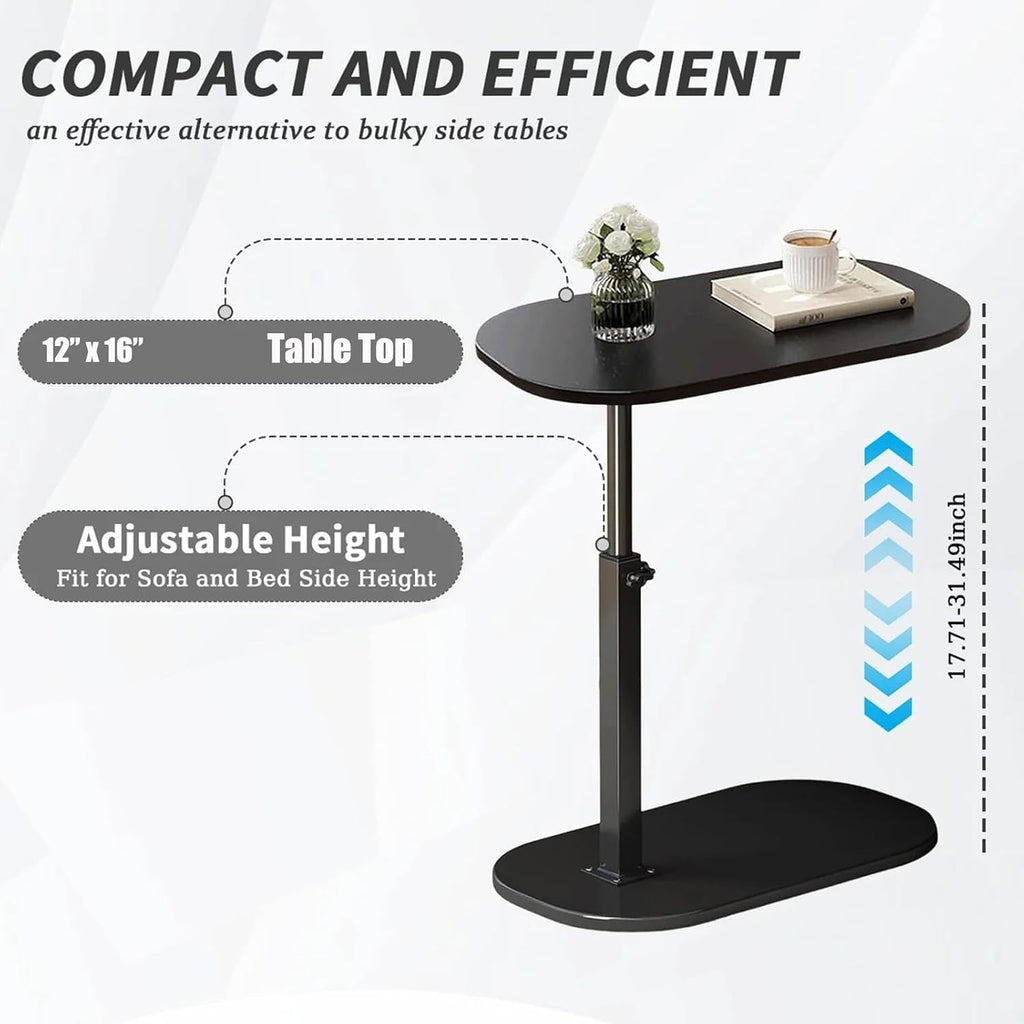 C-Shaped End Table - Height Adjustable (23.5"-31.5"), 16"x12" Oval Top w/Lower Shelf, Industrial Side Table Space-Saving Side Table for Living Room, Bedroom (Black)