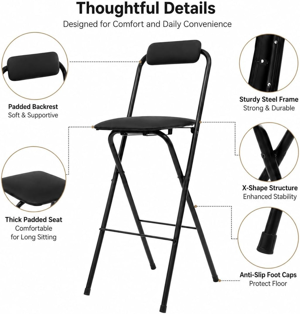 27.5'' Tall Folding Bar Stool, Cushioned Padded Folding Stool with Back, Portable Adult Folding Chair, 275 lbs Load Capacity, Counter Height Seat for Kitchen, Living Room, Garden, Camping, Black