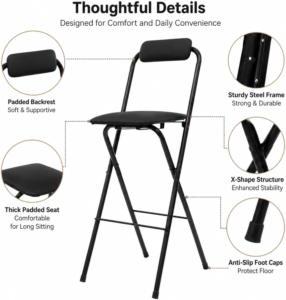 27.5'' Tall Folding Bar Stool, Cushioned Padded Folding Stool with Back, Portable Adult Folding Chair, 275 lbs Load Capacity, Counter Height Seat for Kitchen, Living Room, Garden, Camping, Black
