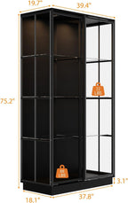 Tall Glass Display Cabinet with Glass Shelving & Sliding Doors, Trophy Case Glass Cabinet with Spotlights Black 39.4”W x 19.7”D x 75.2”H