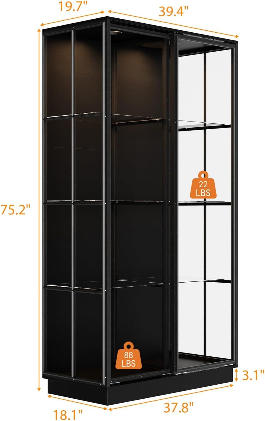Tall Glass Display Cabinet with Glass Shelving & Sliding Doors, Trophy Case Glass Cabinet with Spotlights Black 39.4”W x 19.7”D x 75.2”H