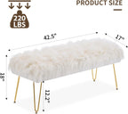 White Faux Fur Ottoman Bench Upholstered Furry Entryway Bedroom Bench with Gold Metal Legs, Modern Contemporary Long Bench Ottoman Hair Foot Rest Stool for Entryway, Living Room, Bedroom
