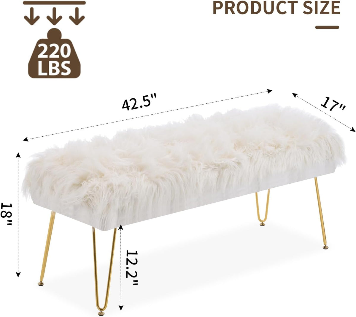 White Faux Fur Ottoman Bench Upholstered Furry Entryway Bedroom Bench with Gold Metal Legs, Modern Contemporary Long Bench Ottoman Hair Foot Rest Stool for Entryway, Living Room, Bedroom