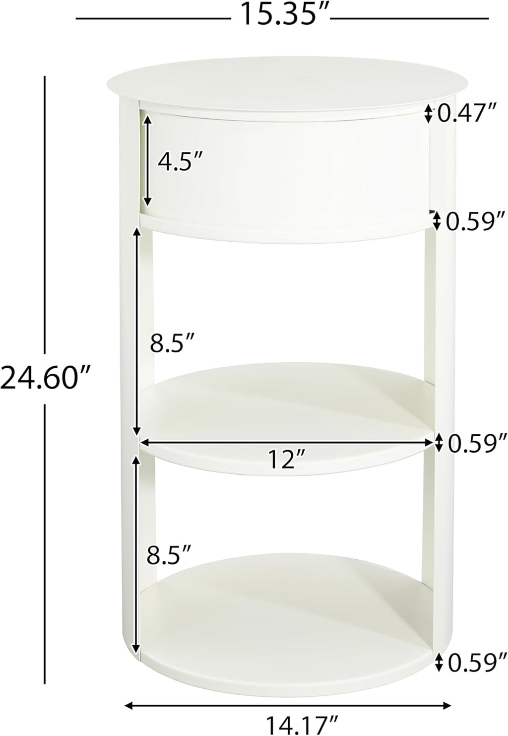 Christopher Knight Home Pomme 3-Tier Metal Small Side Table, Narrow Bedside Table with Sliding Door Cabinet, Bedroom Decoration Organizer, Round End Table with Storage, Space Saving, Matte White