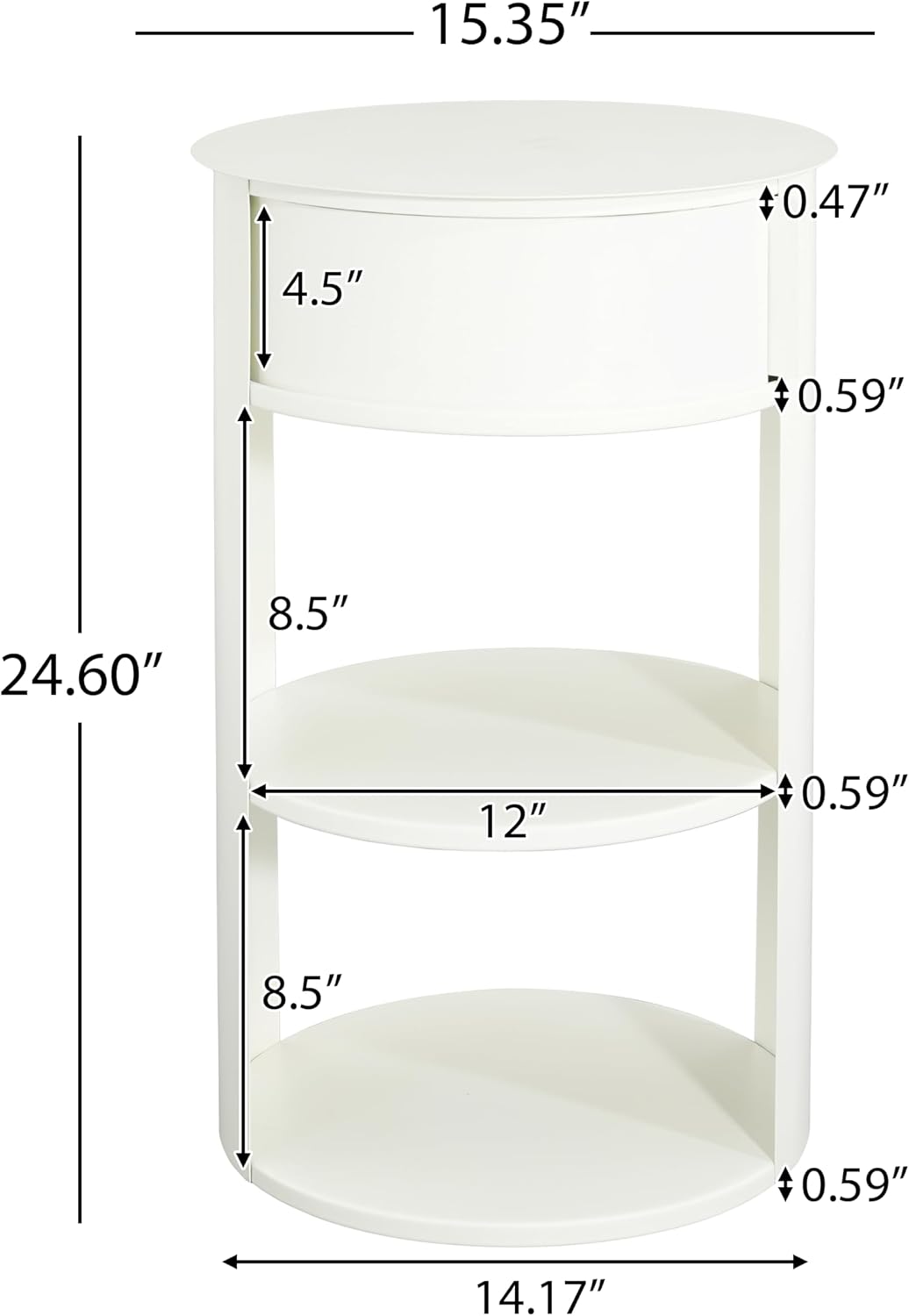 Christopher Knight Home Pomme 3-Tier Metal Small Side Table, Narrow Bedside Table with Sliding Door Cabinet, Bedroom Decoration Organizer, Round End Table with Storage, Space Saving, Matte White