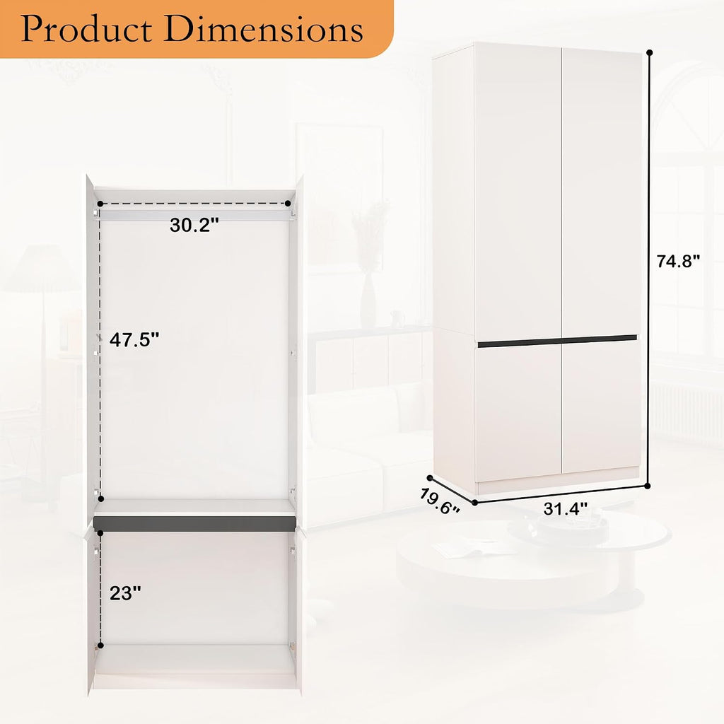 Armoire Wardrobe Closet with Drawers：75" Large White Wardrobe Closet Cabinet with 6 Doors for Hanging Clothes, Modern Wooden Bedroom Armoires with 5 Drawers and Storage (A+B+C, 94.5")