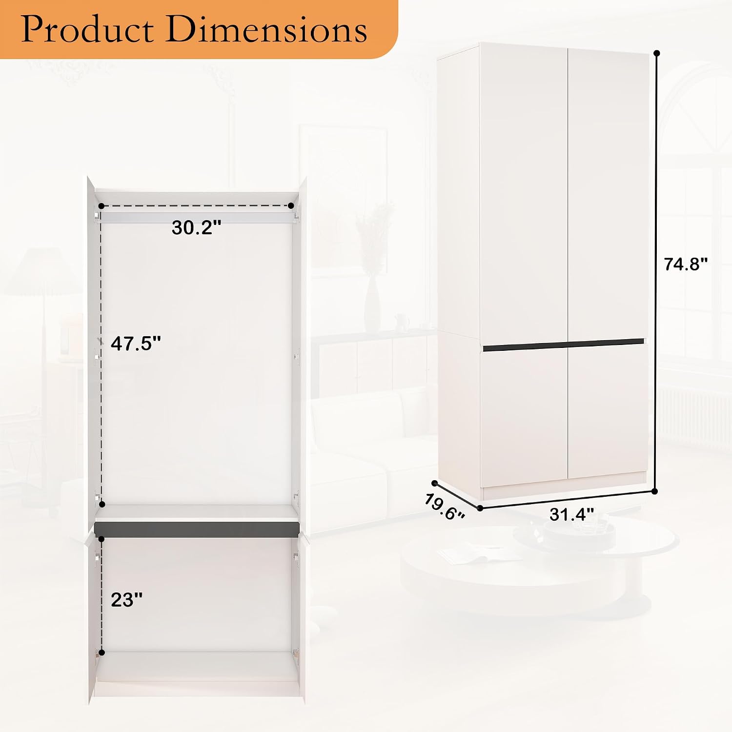 Armoire Wardrobe Closet with Drawers：75" Large White Wardrobe Closet Cabinet with 6 Doors for Hanging Clothes, Modern Wooden Bedroom Armoires with 5 Drawers and Storage (A+B+C, 94.5")
