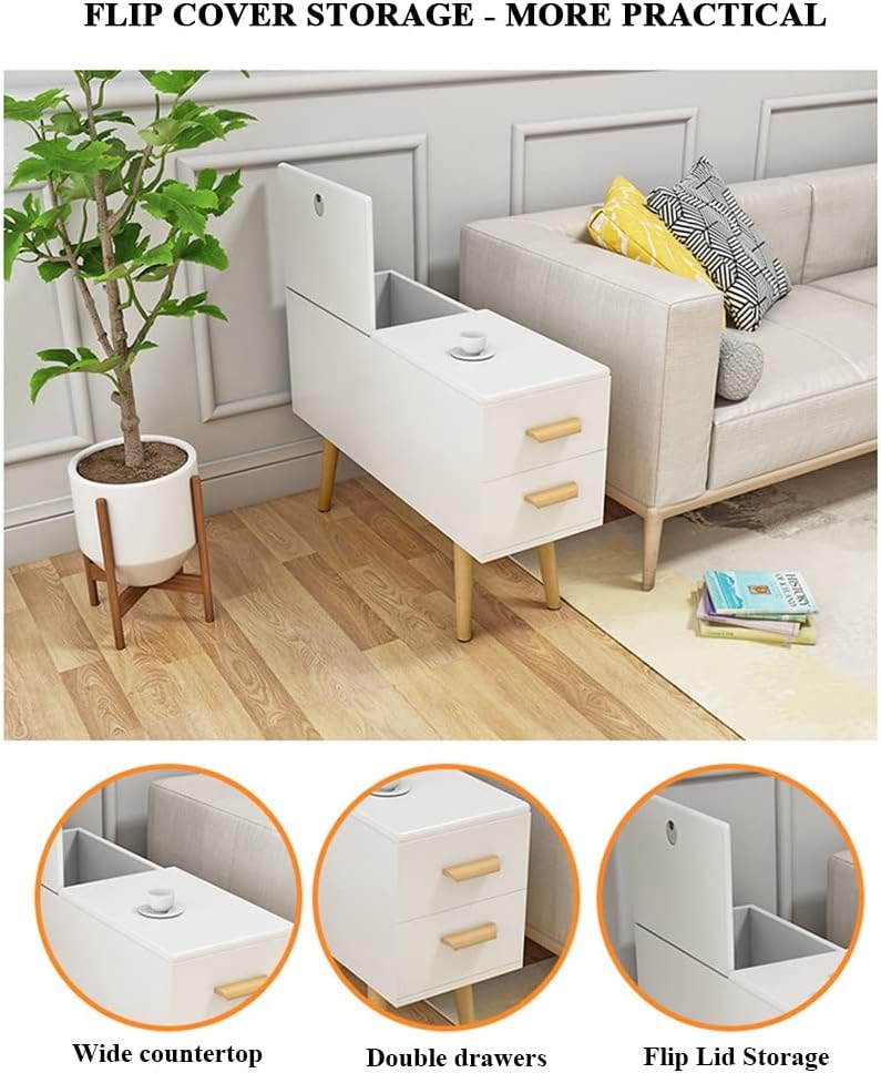 Sofa Side Table with 2 Drawer, Flip Lid Storage Narrow and Long Storage Cabinet, Solid Wood Cabinet Legs, Hydraulic Hinges, Corner Table for Living Room