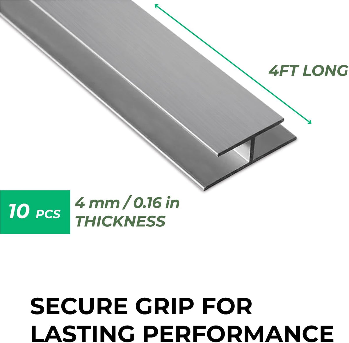 Aluminum H Connectors - Fits 4mm, 6mm, 8mm, or 10mm Twin-Wall Greenhouse Panels, Join 2 Pieces of Panels Together, 4-Foot Length, 10 Pieces (4mm Aluminum H Connectors)