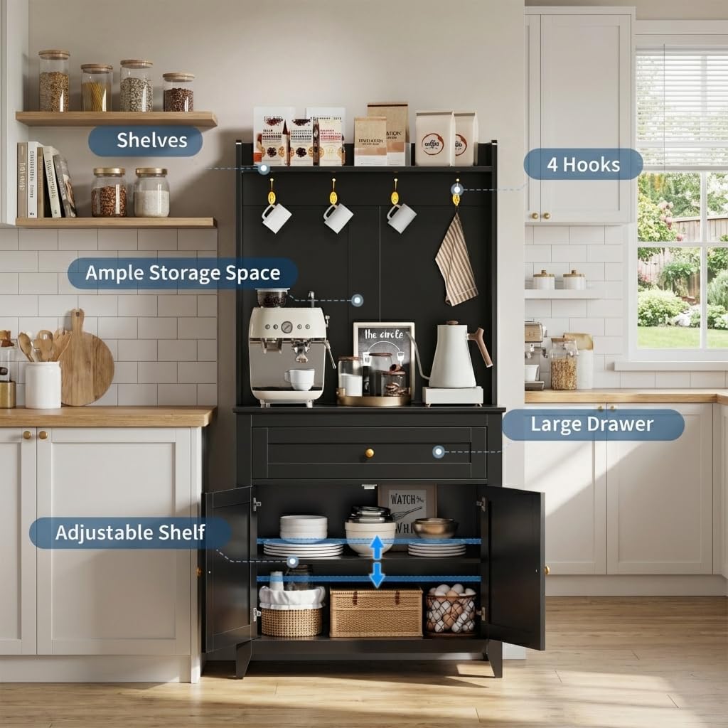 Garvee Pantry Cabinet with 4 Hooks, Kitchen Pantry Cabinet, Coffee Bar Table with Drawer & Adjustable Shelves, Black
