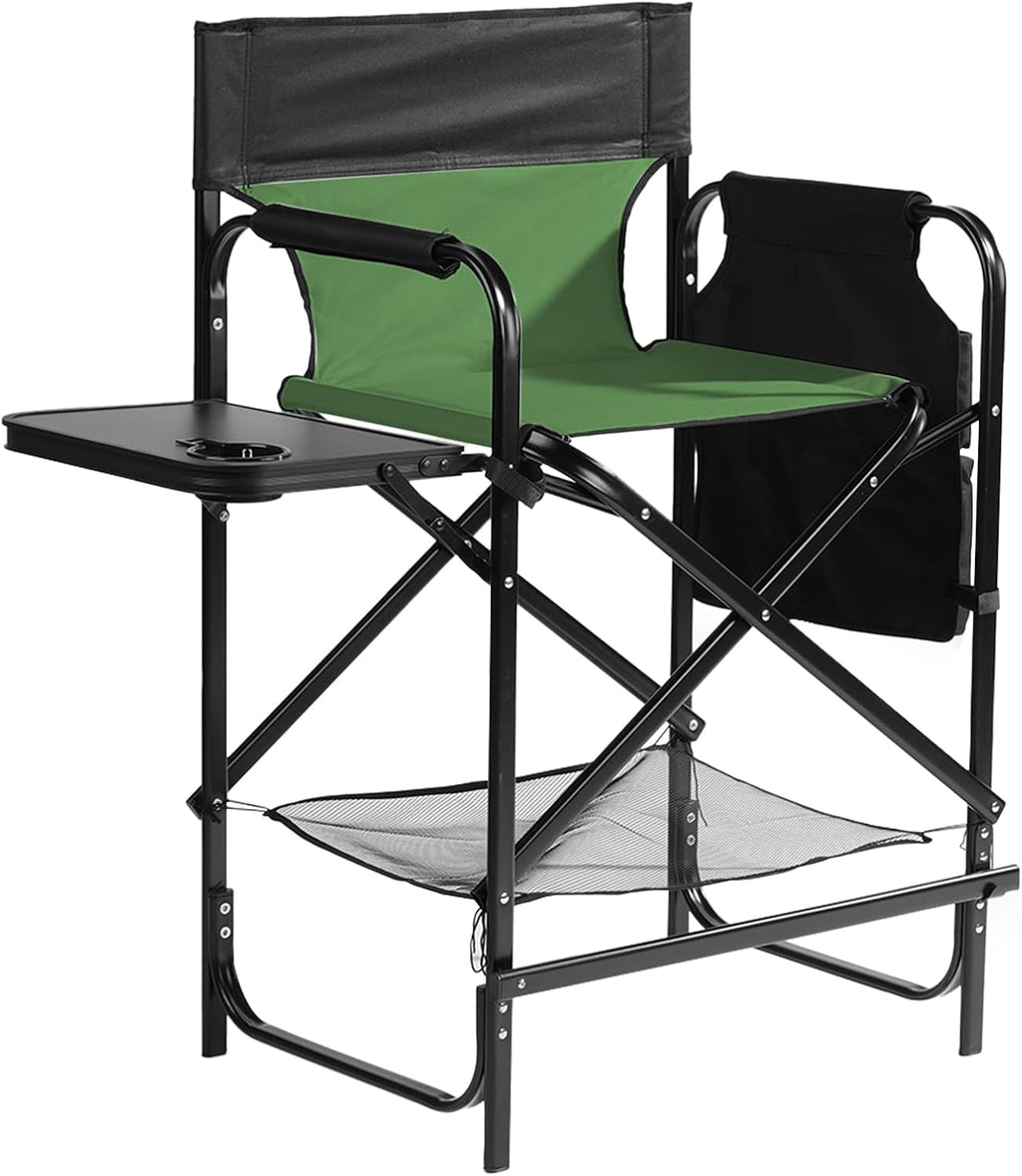 26" Tall Directors Chair, Outdoor Height Seat Folding Chair with Side Table & Storage Bag, Support for 300Lbs, Portable Makeup Artist Chair with Bar Height (Green)