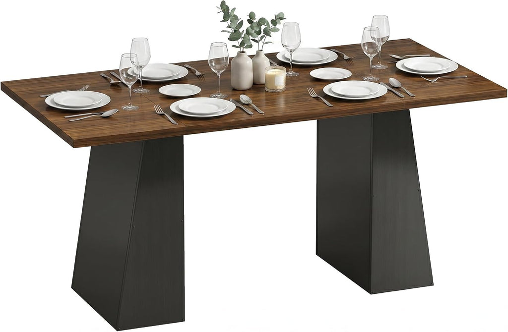 HOMCOM Modern Dining Table for 6, 63" Rectangle Kitchen Table with Trapezoid Pedestal Base, Dining Room Table for Home, Apartment, Livign Room Black and Light Walnut