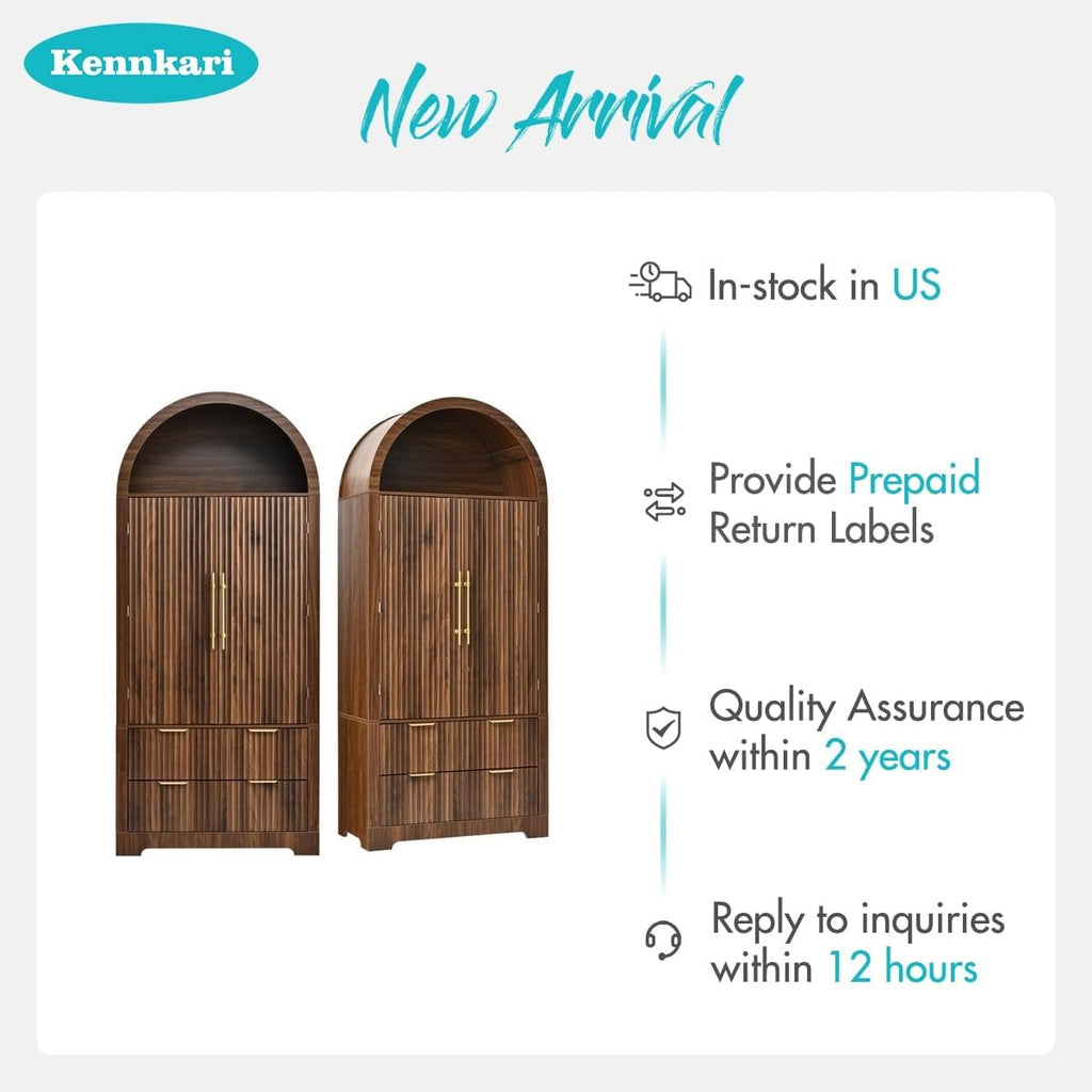 Tall Arched Kitchen Pantry Cabinet with Drawers, Mid Century Modern Fluted Storage Cupboard, Freestanding Wooden Hutch, Adjustable Shelves, Door Shelves for Dining Room Organization (Walnut)