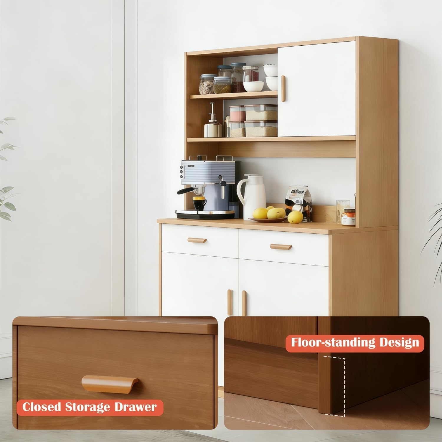 Kavie Kitchen Pantry Cabinet, Large-Capacity Sideboard with Open Shelf, Doors & Drawers, Wide Countertop for Appliances, Freestanding Cabinet for Kitchen (Natural+White,31.5" L*14.1" W*66.9" H)