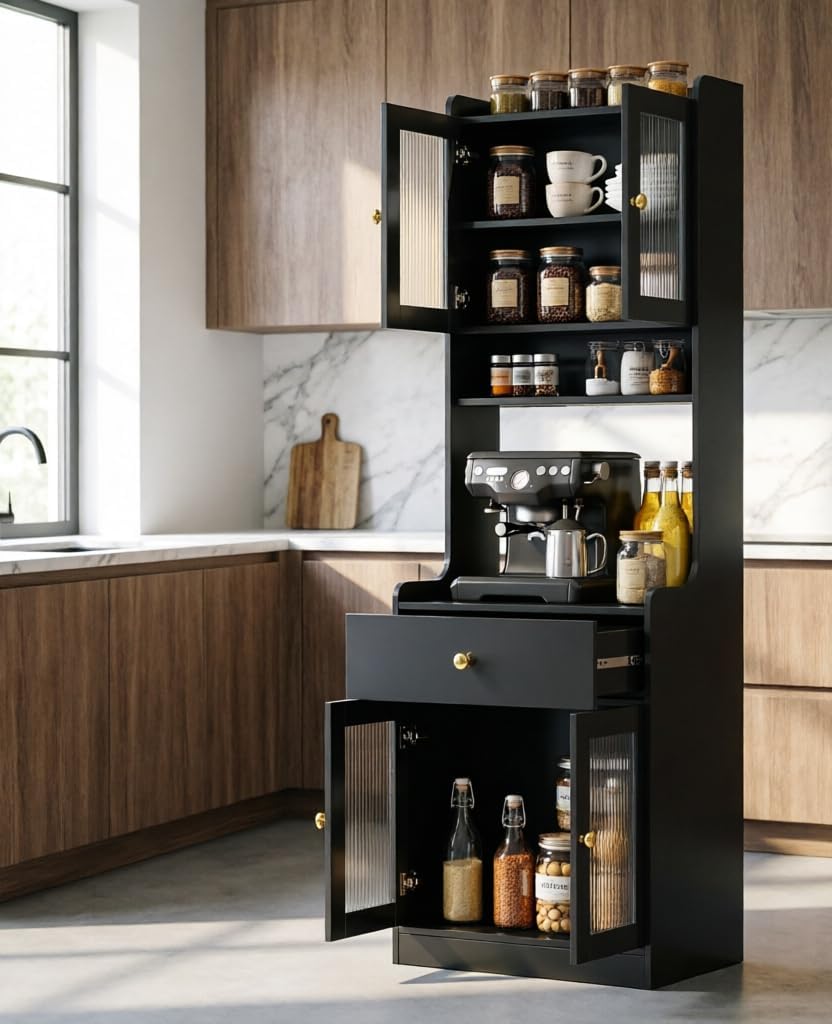 Black Kitchen Pantry Hutch Cabinet with Microwave Stand - Farmhouse Buffet Sideboard with Drawers & Storage Shelves, Freestanding Coffee Bar Cabinet for Dining Room & Kitchen