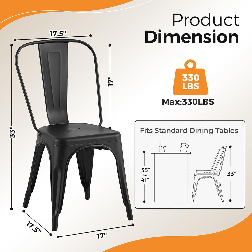 Metal Dining Chairs with Backrest, Stackable, Matte Black, 6 Pack | Easy Assembly, Non-Slip Feet, 330 lb Capacity, Kitchen, Restaurant, Cafe, Pub, Covered Patio