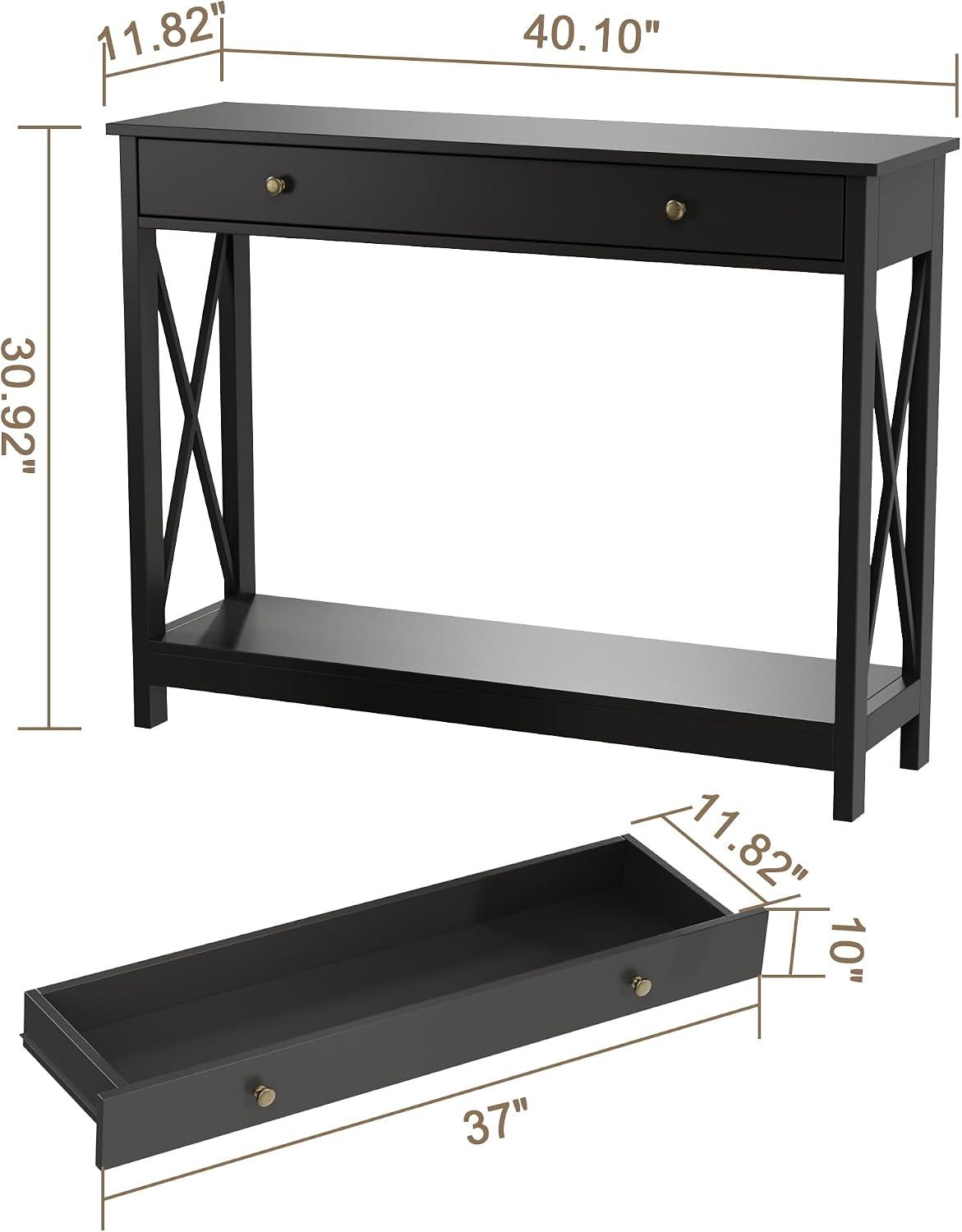 Treocho Black Console Table with Drawer and Storage Shelves, Foyer Sofa Table Narrow for Entryway, Living Room, Hallway | Entryway, Living Room, Hallway, Antique, Black