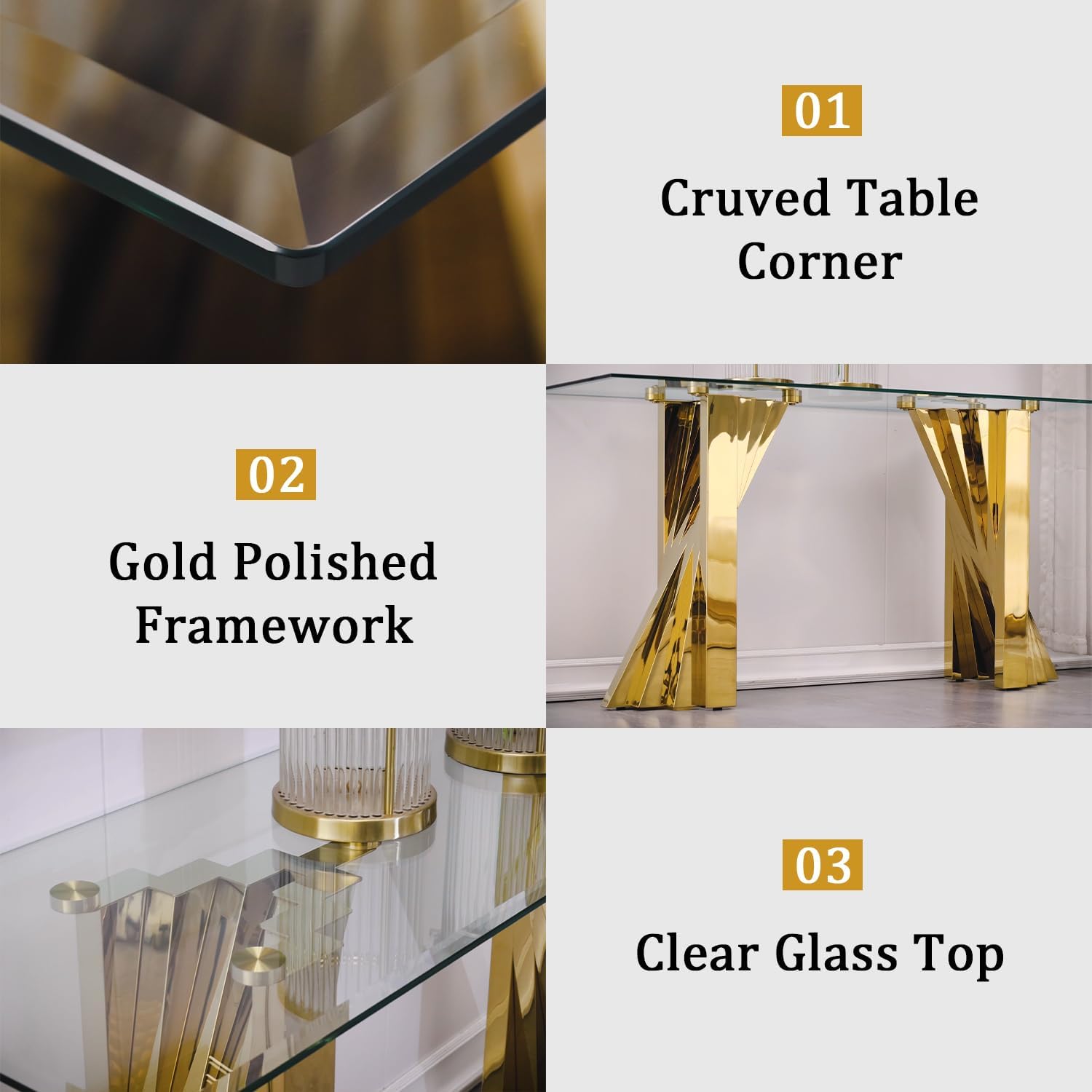 60" Gold Console Table, Entryway Table with Clear Tempered Glass | Modern Glam, Elegant Beveled Edge, Polished Stainless Steel Geometric Base, Long Sofa Table for Living Room, Hallway, Foyer
