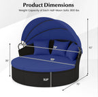 RELAX4LIFE Round Outdoor Daybed with Canopy - Wicker Sectional Sofa Sunbed w/Cushions & 3 Pillows, Rattan Clamshell Conversation Lounger Separated Seating Set for Garden Porch, Patio Day Bed (Navy)