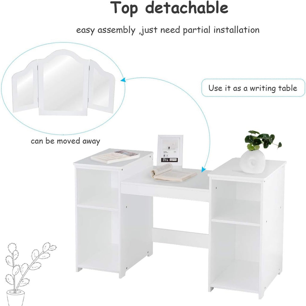 GOFLAME Kids Vanity Table, 2 in 1 Detachable Design with Dressing Table and Writing Desk, Princess Style, White MDF and Plastic Mirror, 42"×16"×46" (L×W×H), 2 Oversized Shelves, 3-Panel Mirror