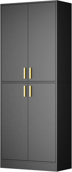 Cozy Castle Kitchen Pantry Cabinet, 71" Tall Wood Storage Cabinet with Doors and Shelves 4 Doors Freestanding Cupboard for Dining Room Living Room Furniture, Black | Wood Storage Cabinet