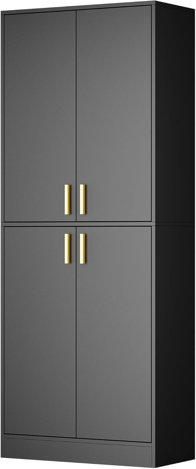 Cozy Castle Kitchen Pantry Cabinet, 71" Tall Wood Storage Cabinet with Doors and Shelves 4 Doors Freestanding Cupboard for Dining Room Living Room Furniture, Black | Wood Storage Cabinet