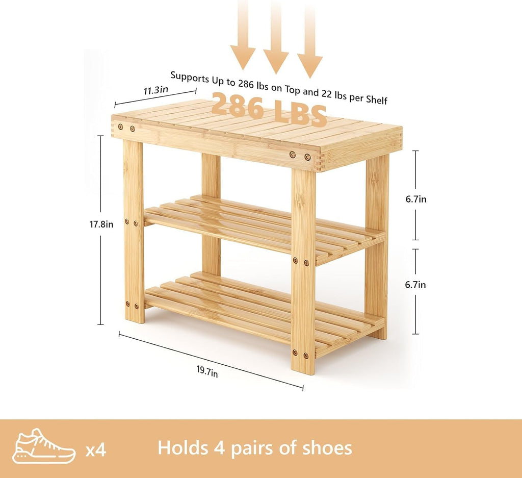 Simple Deluxe Shoe Rack Bench, 3-Tier Bamboo Storage Organizer, 286lb Capacity Entryway Bench for Front Door, Bedroom, Living Room, Bathroom, Balcony, Stylish Shoes Wood (11.3 x 19.7 x 17.8 Inches)