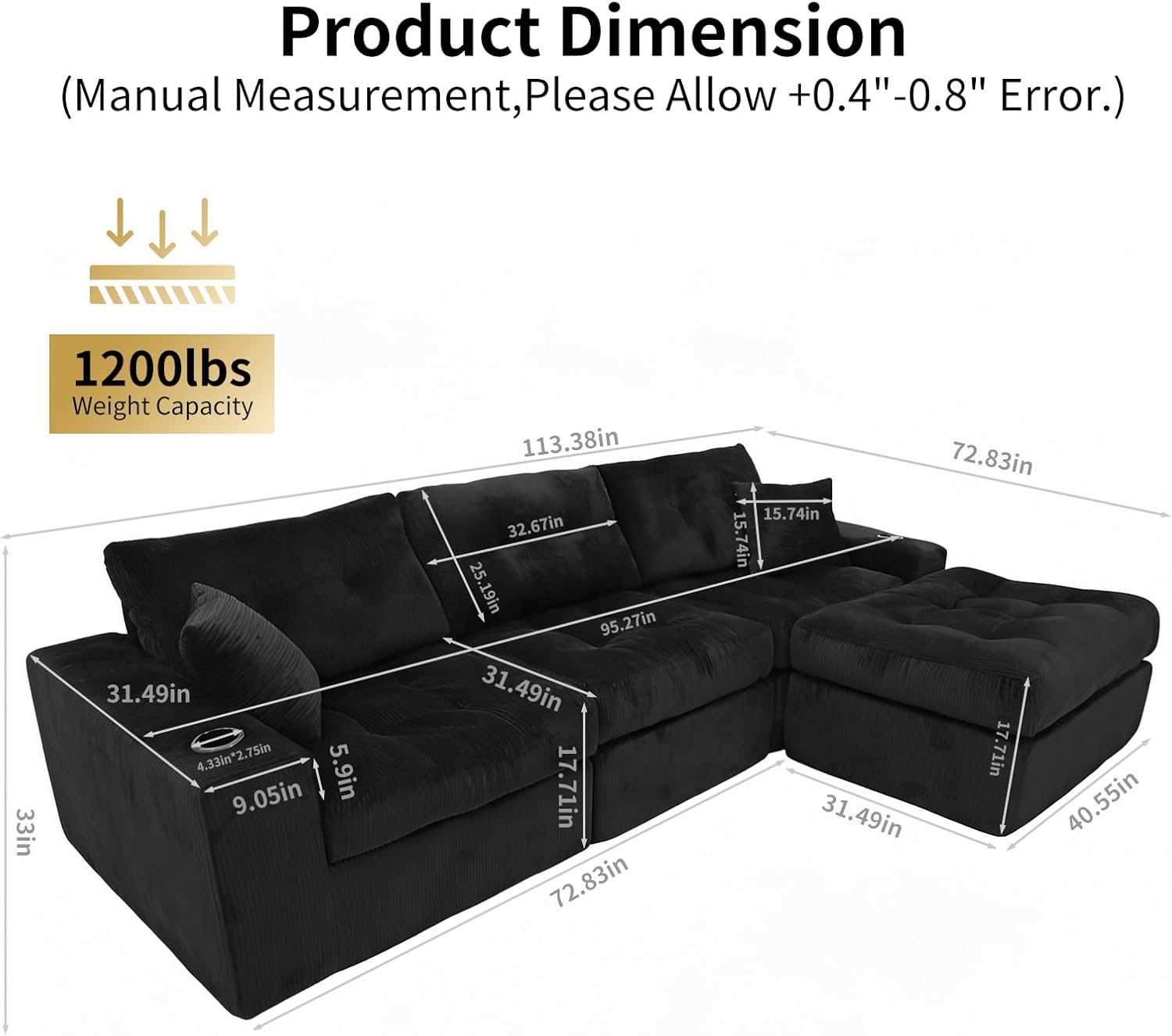 Black Corduroy Ottoman Footrest, Modular Cloud Couch Ottoman with Memory Foam, Upholstered Foot Stool for Living Room, Movable Sectional Ottoman, No Assembly Required