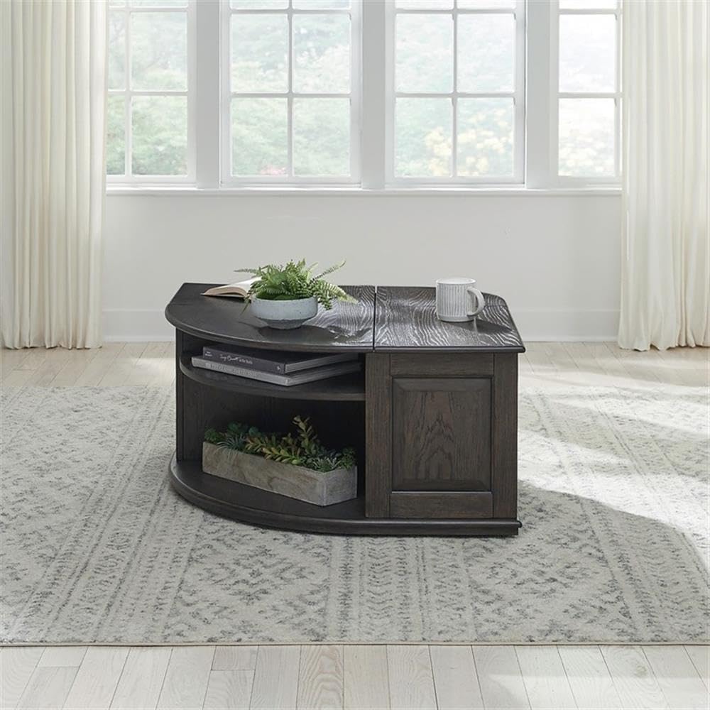 Pemberly Row 3 Piece Table Set, Rubberwood and Oak Veneers, Aged Oak Finish, Includes Cocktail Table with Lift Tops and Casters, 2 End Tables with Drawers, Antique Pewter Knobs, Living Room Furniture