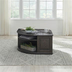 Pemberly Row 3 Piece Table Set, Rubberwood and Oak Veneers, Aged Oak Finish, Includes Cocktail Table with Lift Tops and Casters, 2 End Tables with Drawers, Antique Pewter Knobs, Living Room Furniture