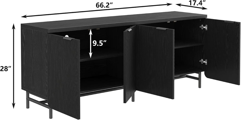 Furniouse 66.2''W Large Fluted Buffet Cabinet with 4 Doors & Shelves Wood Sideboard Buffet Table Storage Cabinet Modern Accent Console for Living Room, Black