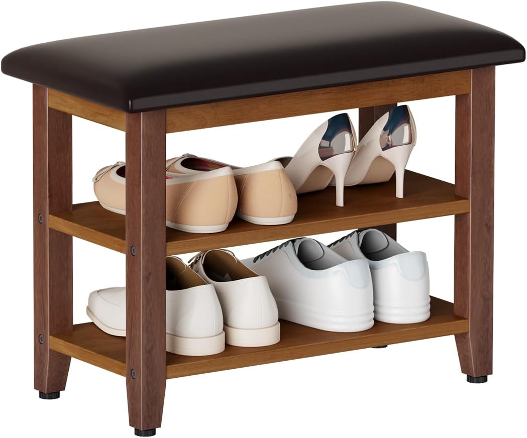 Shoe Bench with Leather Cushion,Wood Bench with Shoe Rack,2-Tier Shoe Storage Organizer for Entryway,Hallway,Living Room (2-Tier-23.6", Rubberwood)