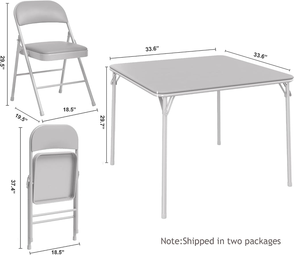 Folding Portable Card Table and Foldable Chair Set of 5, Pu Upholstered Foldable Chairs and Table With Metal Frame, Folding Table and Chair Suitable for Dining Room, Living Room, Office, Camping-Grey
