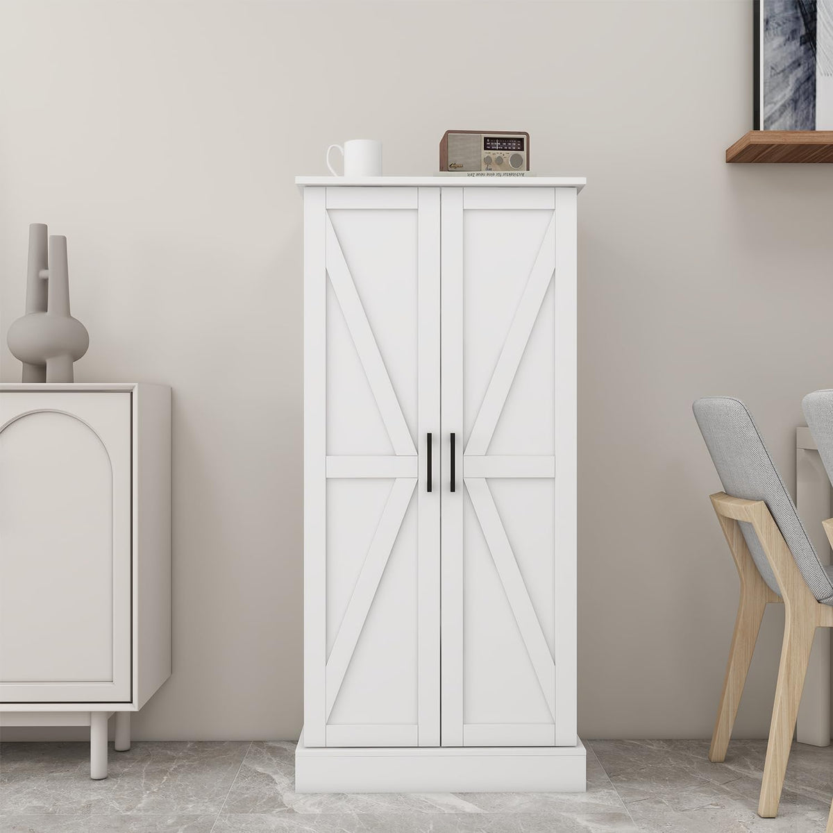 Locsear Kitchen Pantry Storage Cabinet w/LED, 50" Pantry Cabinets w/Doors and Adjustable Shelves, Freestanding Pantry Cupboard for Kitchen, Dinning Room, Living Room, Small Place, White