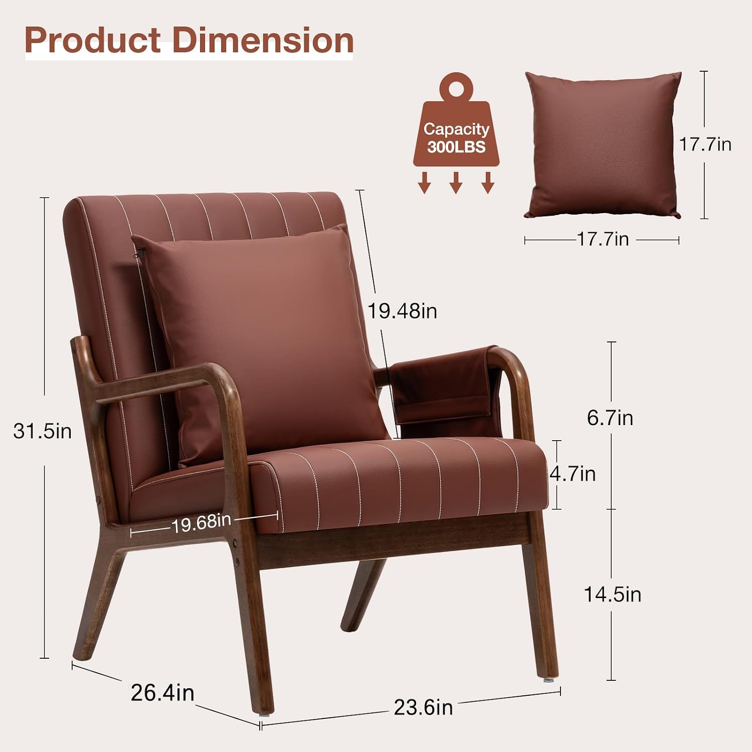 HOMMPA Mid-Century Modern Accent Chair, Comfy Reading Armchair with Solid Wood Frame & Lumbar Pillow, Upholstered Linen Lounge Chair with Side Pocket for Living Room, Bedroom,Balcony (Brown)