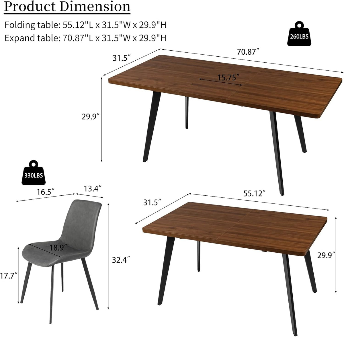 Zerifevni 70.87" Large Extendable Dining Kitchen Table with 6 Chairs | Compact Table with Removable Leaf, Modern MDF Wood Grain Table for Small Space Apartment, Easy Assembly