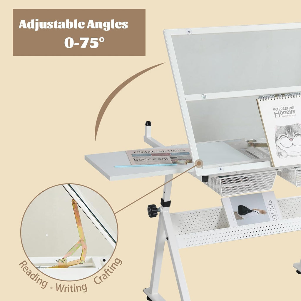 Height Adjustable Drafting Table Desk w/Stool, Tempered Glass Top | Art Craft Drawing Workstation 2 Storage Drawers , Ergonomic , for Painting, Crafting, Architecture Design, Home Studio