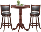 3 Piece Bar Table and Chairs Set, Round Counter Height Dining Table with Chessboard, 2 Upholstered Swivel Bar Stools, Rubber Wood Frame, Farmhouse Pub Table Set for Kitchen, Bistro