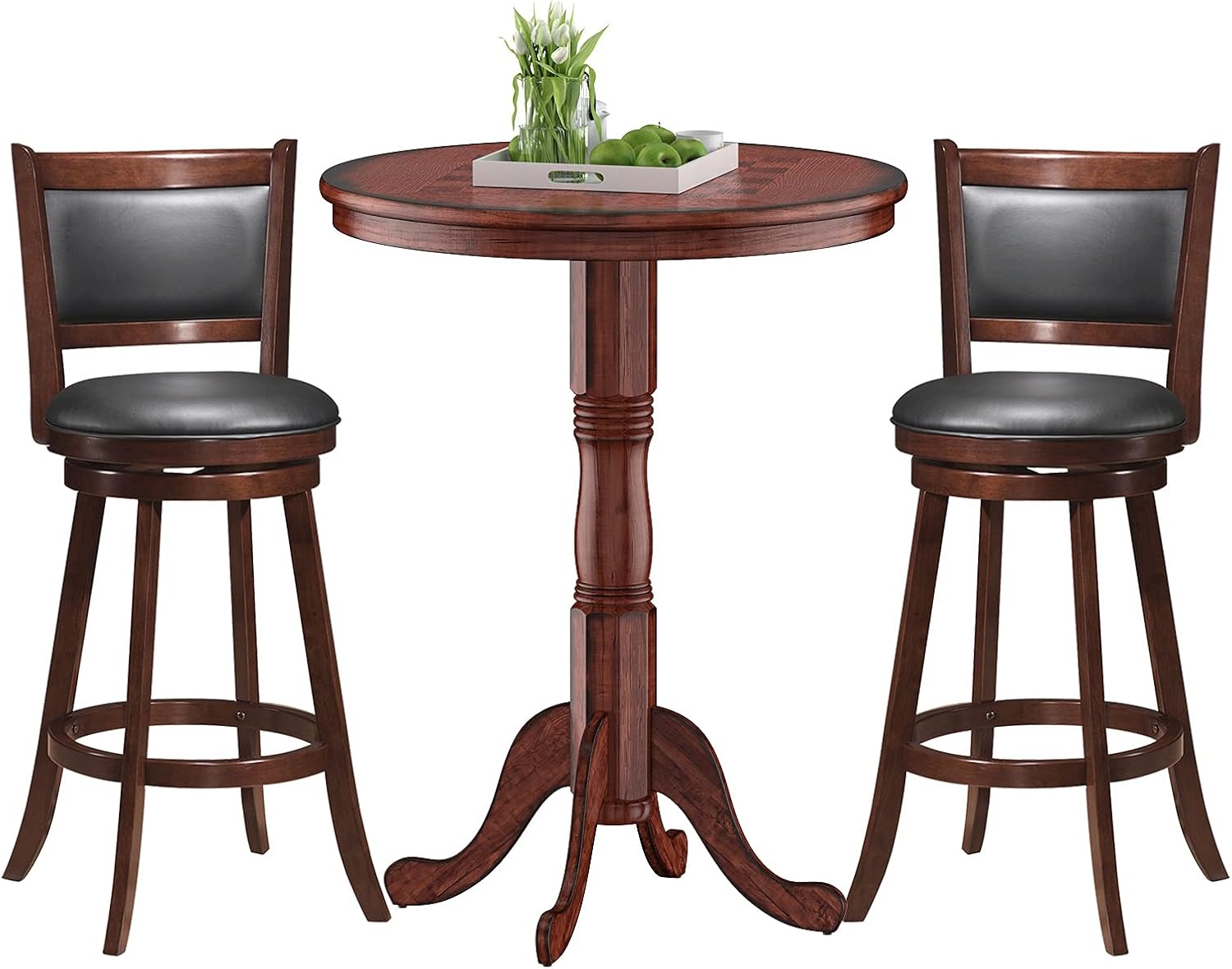 3 Piece Bar Table and Chairs Set, Round Counter Height Dining Table with Chessboard, 2 Upholstered Swivel Bar Stools, Rubber Wood Frame, Farmhouse Pub Table Set for Kitchen, Bistro